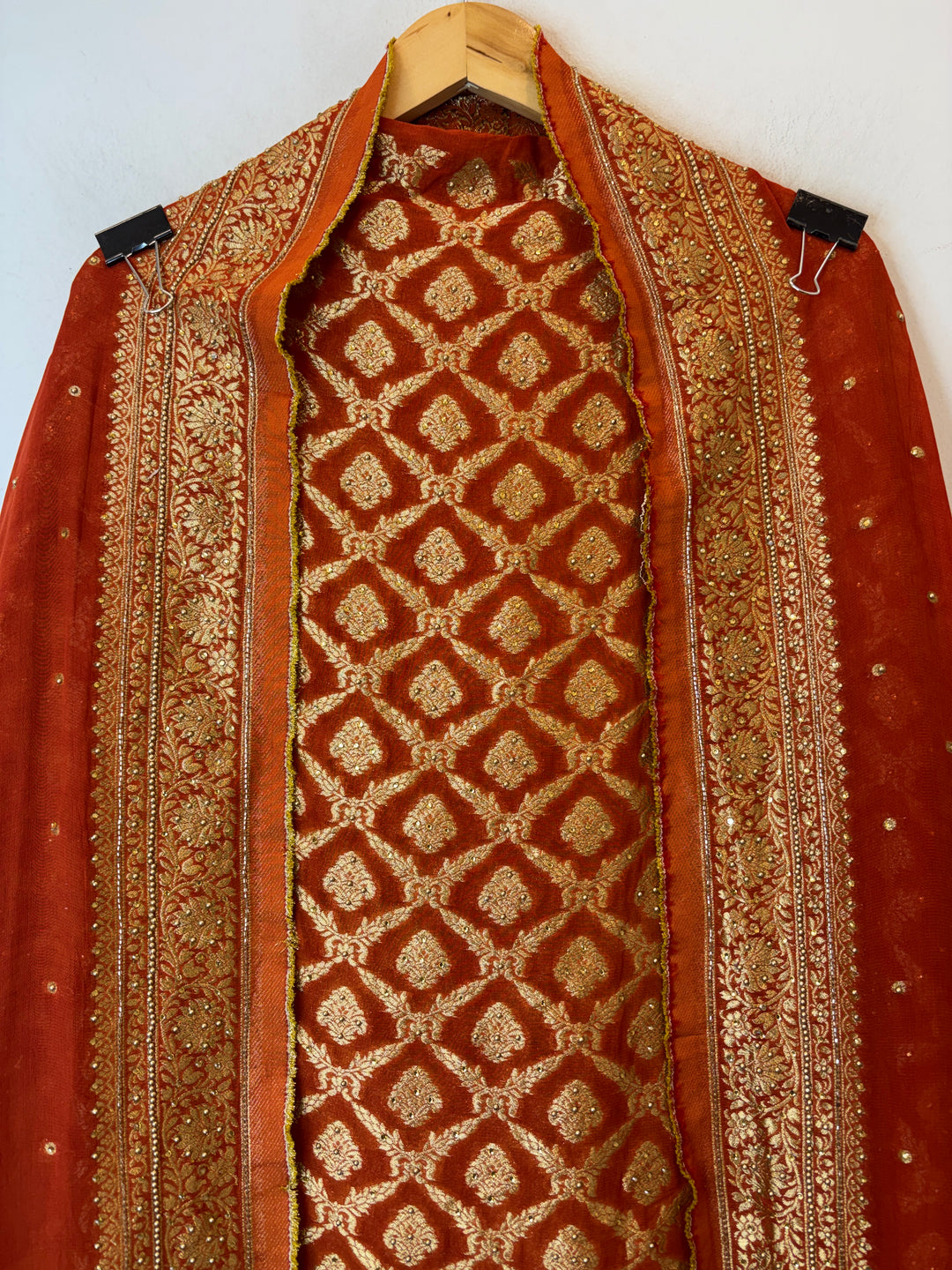 Zarika – Rust Banarasi Jaal &amp; Stone Embellished Ensemble