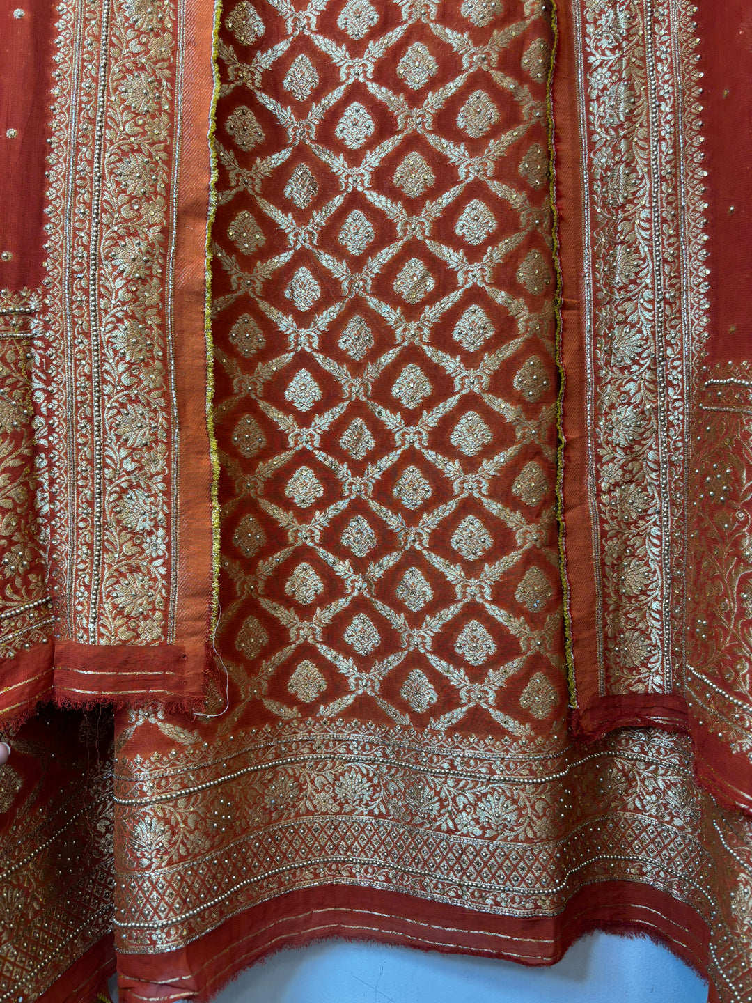 Zarika – Rust Banarasi Jaal &amp; Stone Embellished Ensemble