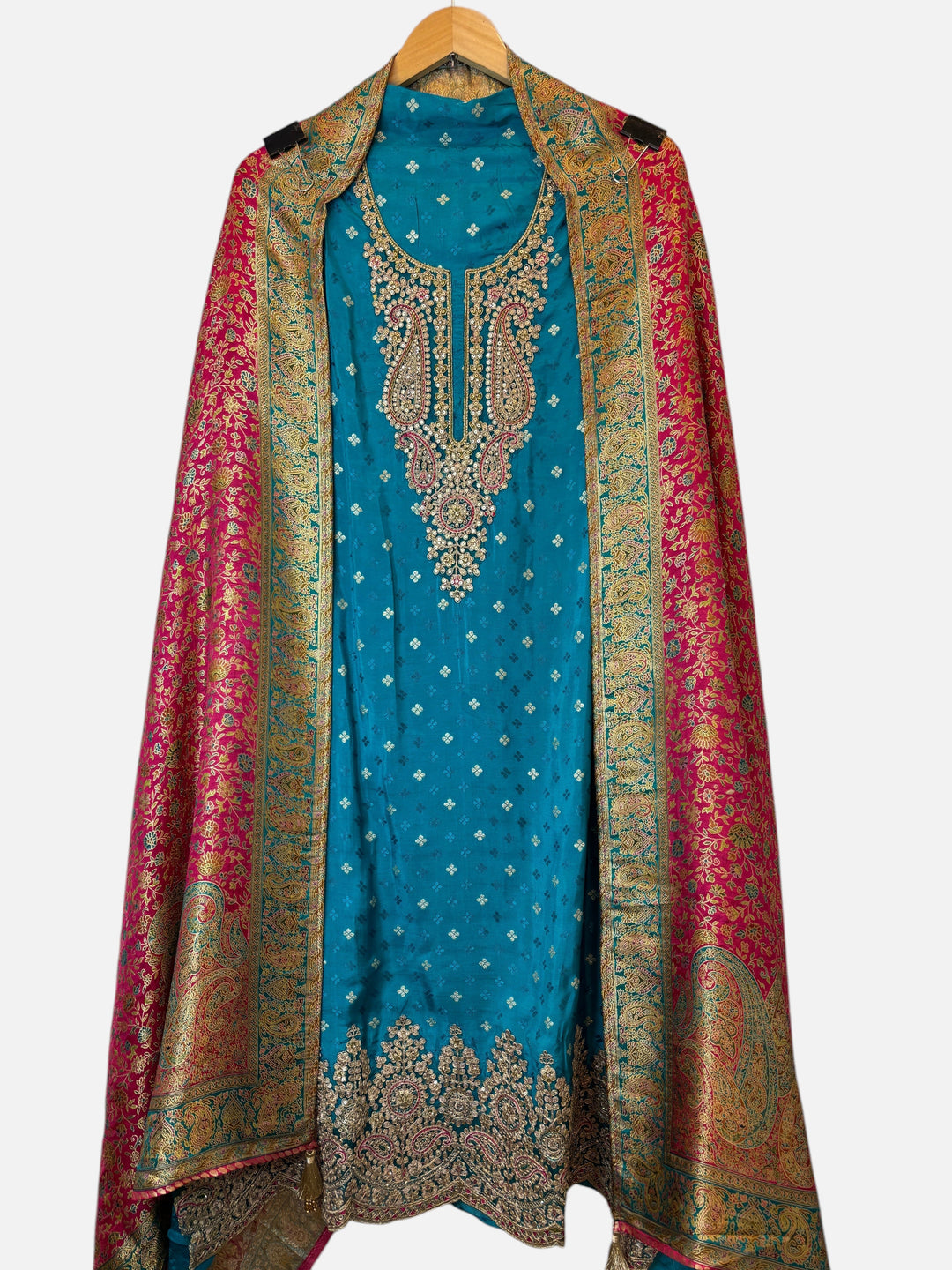 Design by Pakiza ferozi blue unstitched 3-piece silk ensemble with intricate Banarasi weaving and sequin embellishments