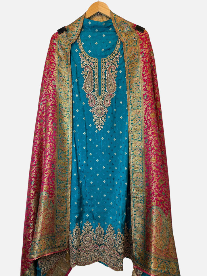 Design by Pakiza ferozi blue unstitched 3-piece silk ensemble with intricate Banarasi weaving and sequin embellishments
