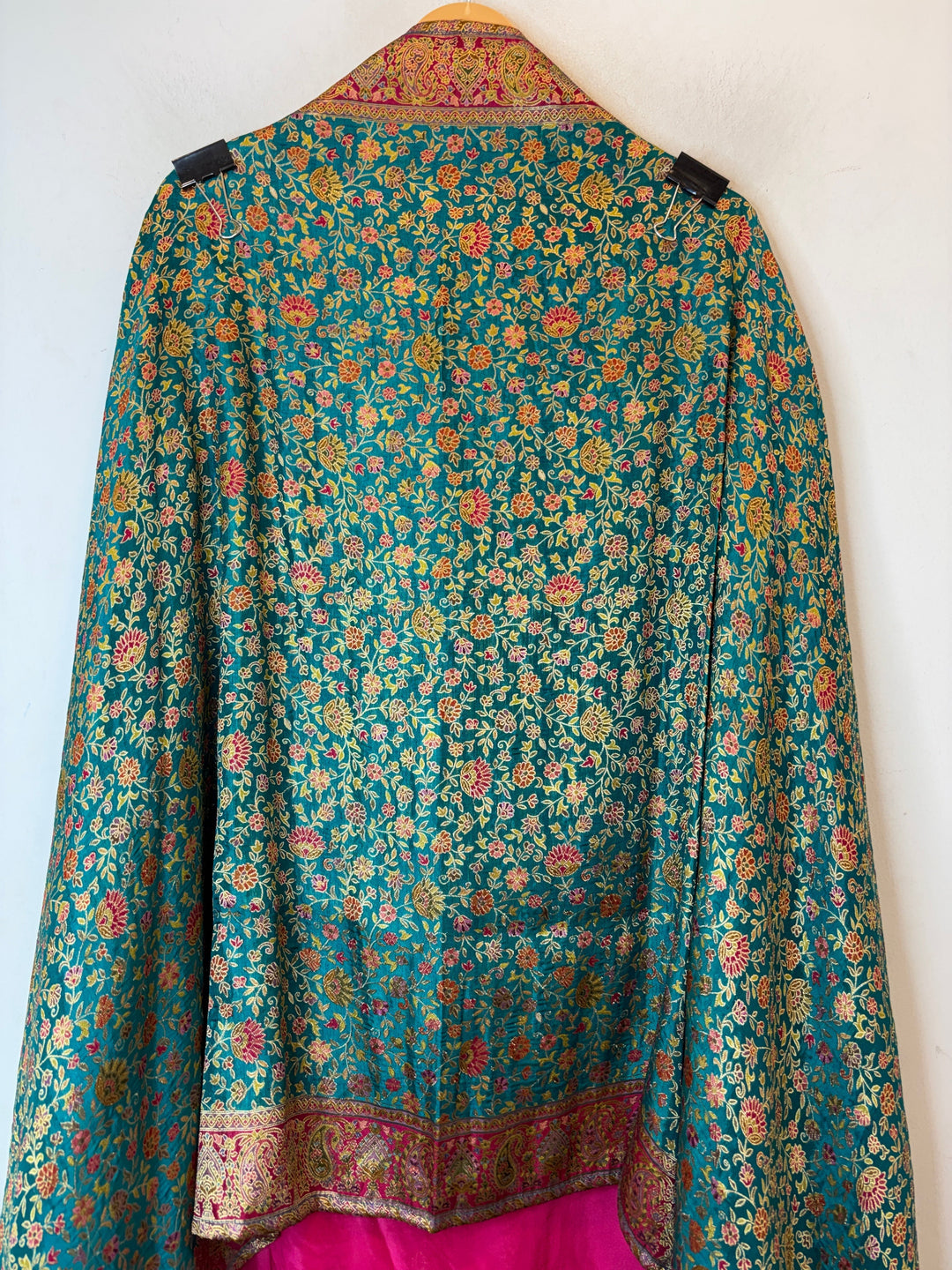 Design by Pakiza teal silk dupatta with intricate floral Banarasi weaving and pink zari border details
