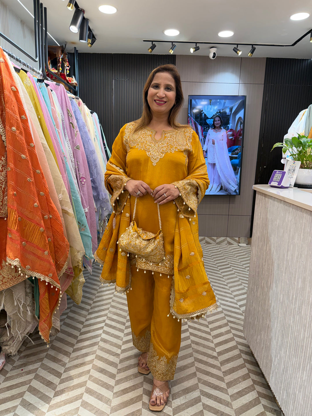 Yellow Tissue Embroidered Suit Set with Dori, Sequin &amp; Tassel Detailing