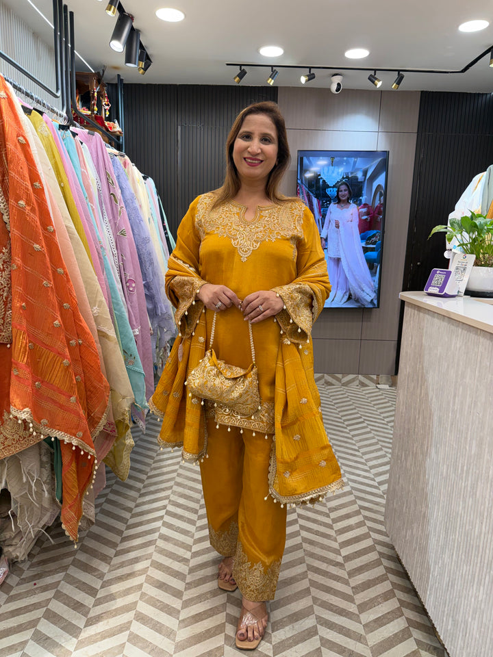 Yellow Tissue Embroidered Suit Set with Dori, Sequin &amp; Tassel Detailing