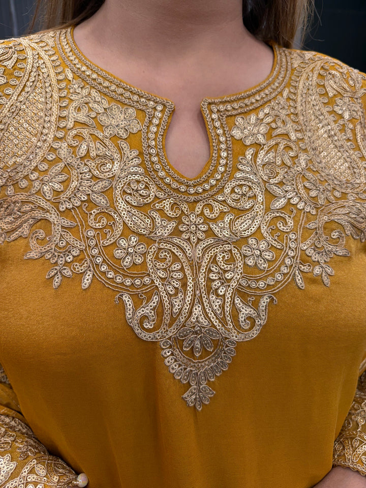 Yellow Tissue Embroidered Suit Set with Dori, Sequin &amp; Tassel Detailing