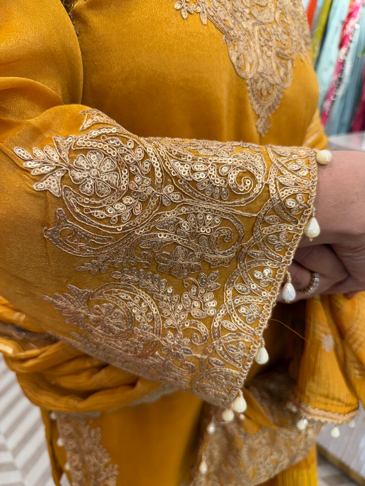 Yellow Tissue Embroidered Suit Set with Dori, Sequin &amp; Tassel Detailing