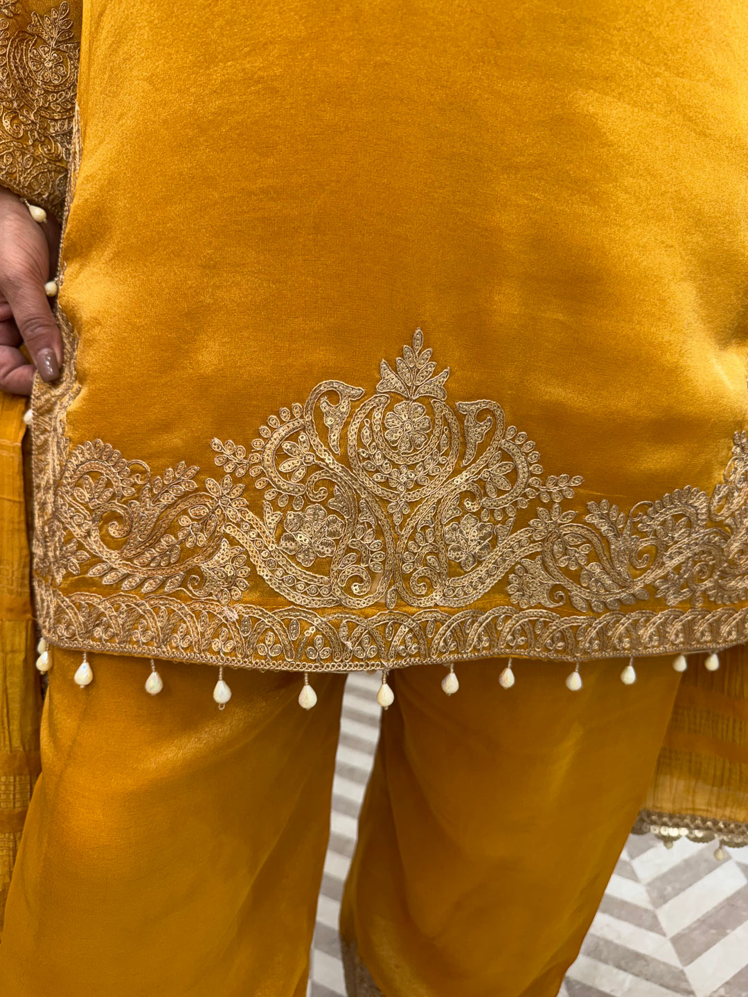 Yellow Tissue Embroidered Suit Set with Dori, Sequin &amp; Tassel Detailing