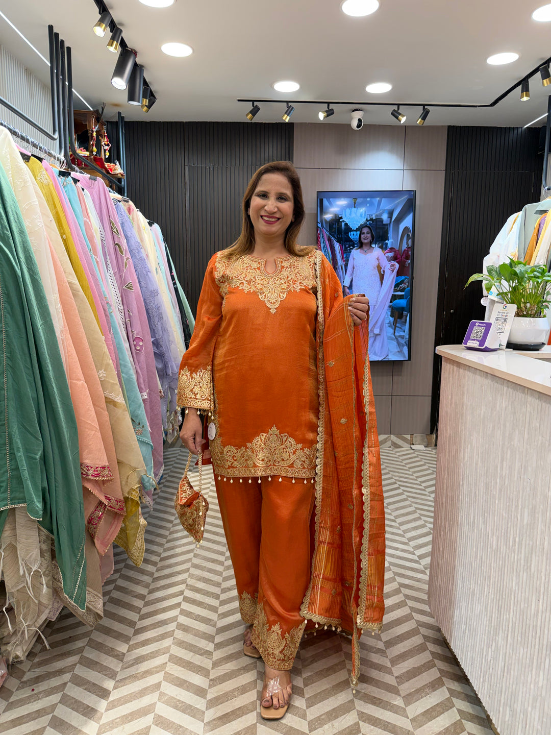 Orange Tissue Embroidered Suit Set with Dori, Sequin &amp; Tassel Detailing