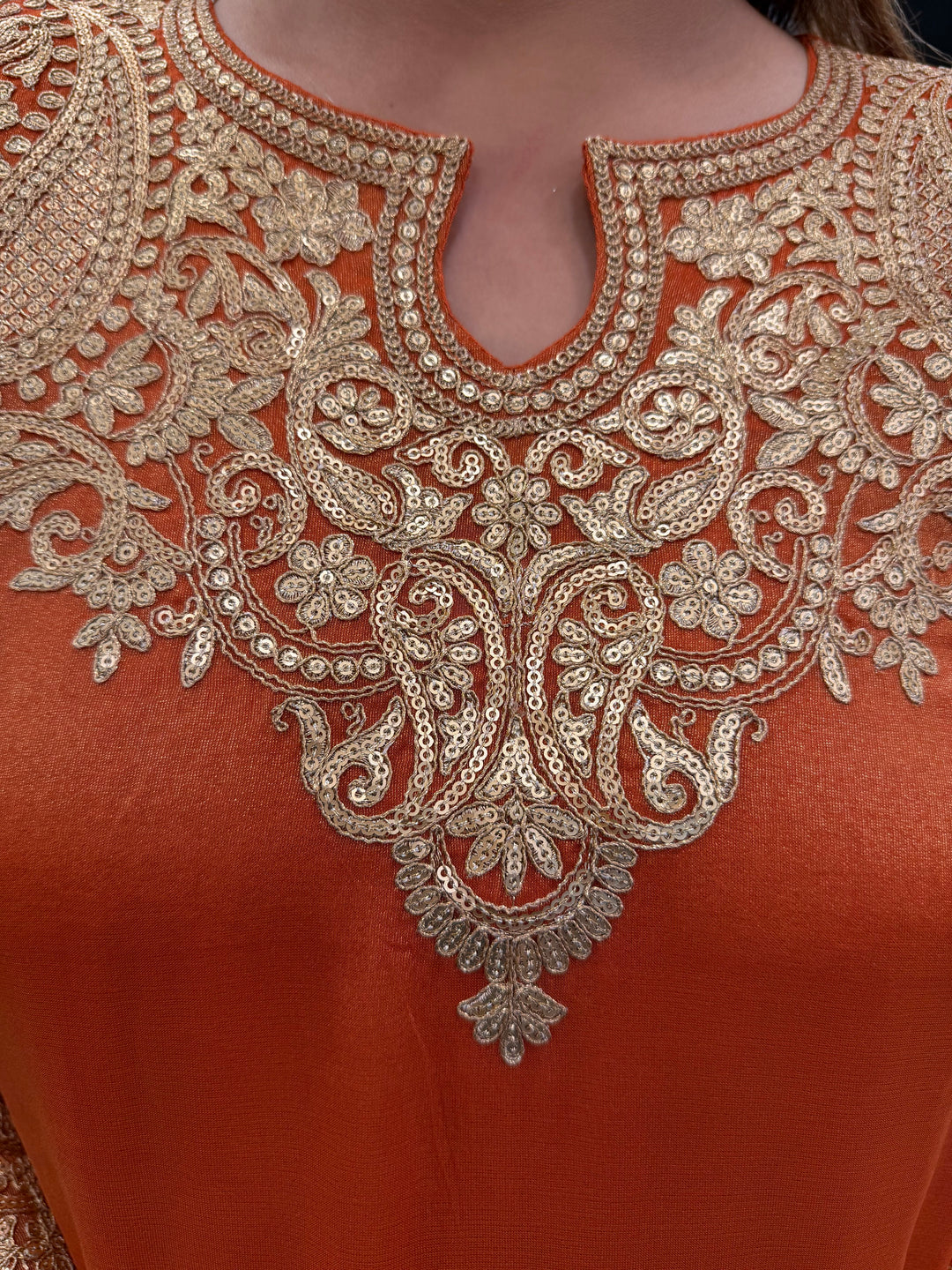 Orange Tissue Embroidered Suit Set with Dori, Sequin &amp; Tassel Detailing