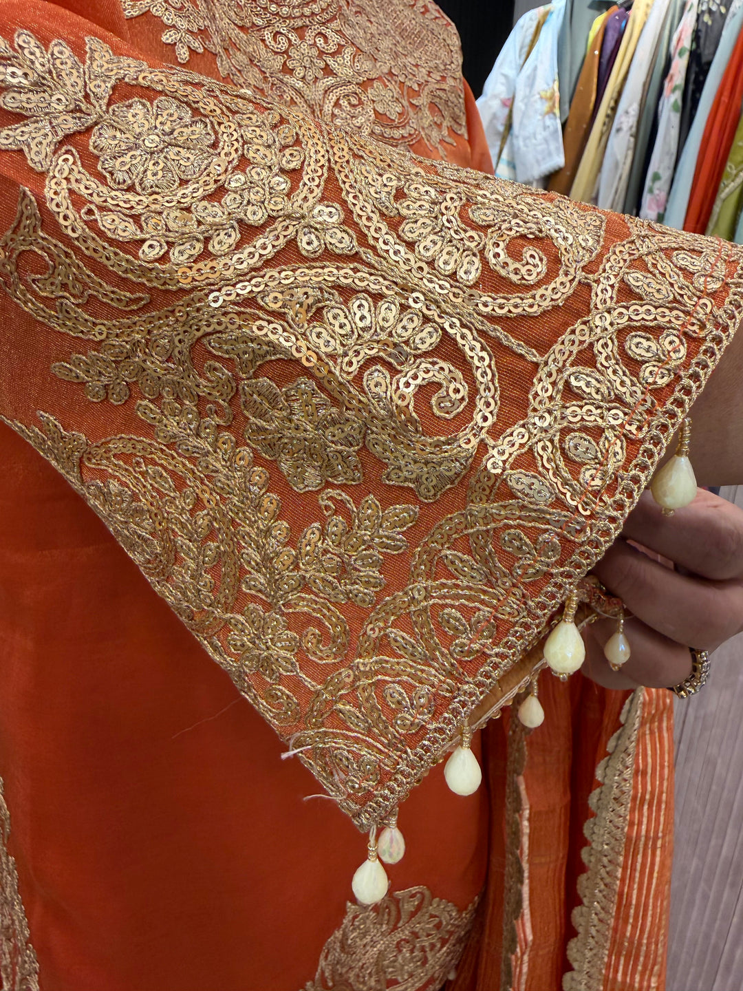 Orange Tissue Embroidered Suit Set with Dori, Sequin &amp; Tassel Detailing