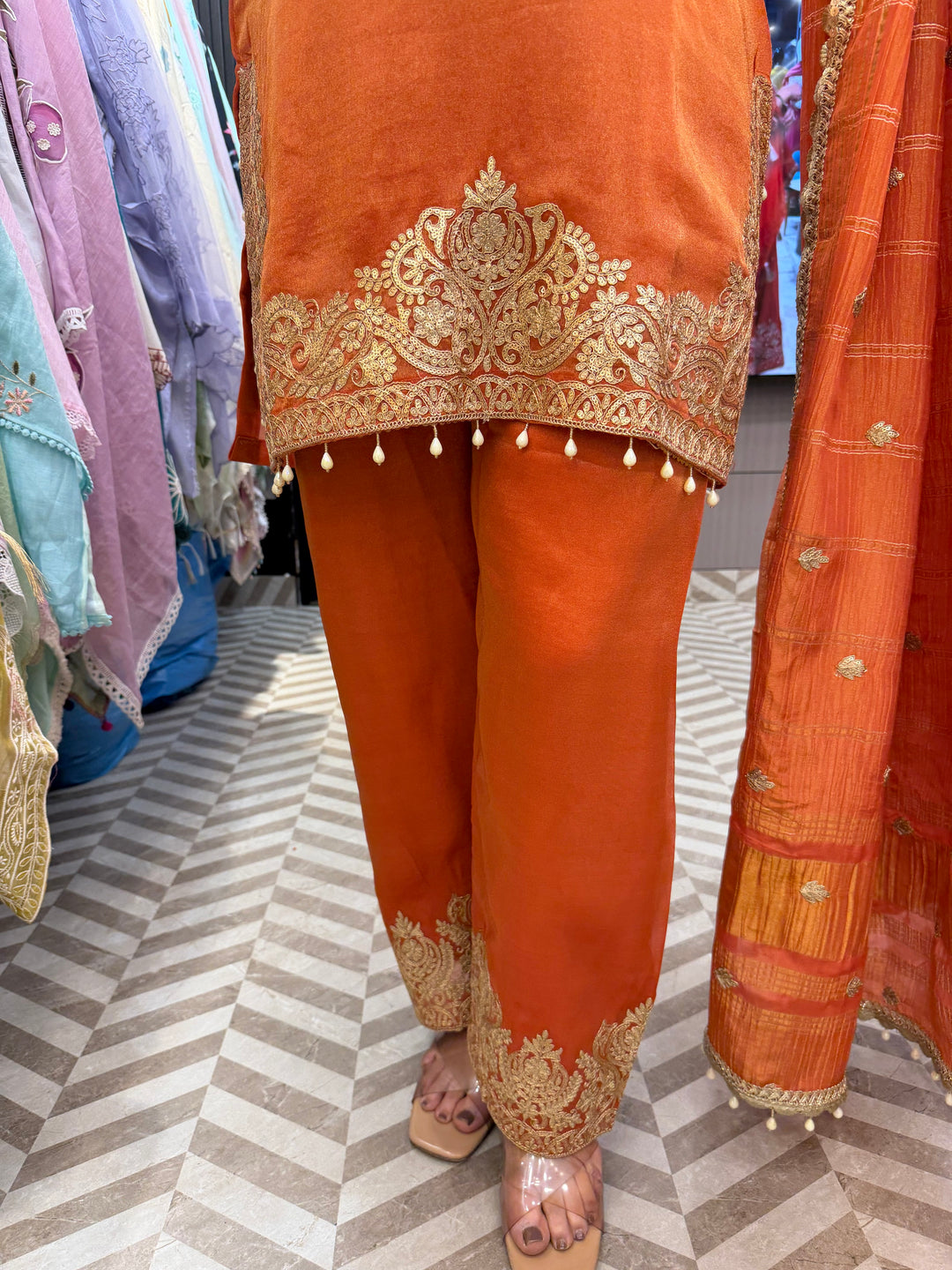 Orange Tissue Embroidered Suit Set with Dori, Sequin &amp; Tassel Detailing