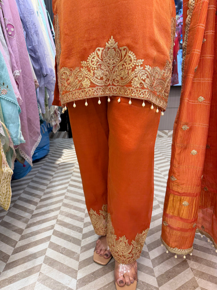 Orange Tissue Embroidered Suit Set with Dori, Sequin &amp; Tassel Detailing