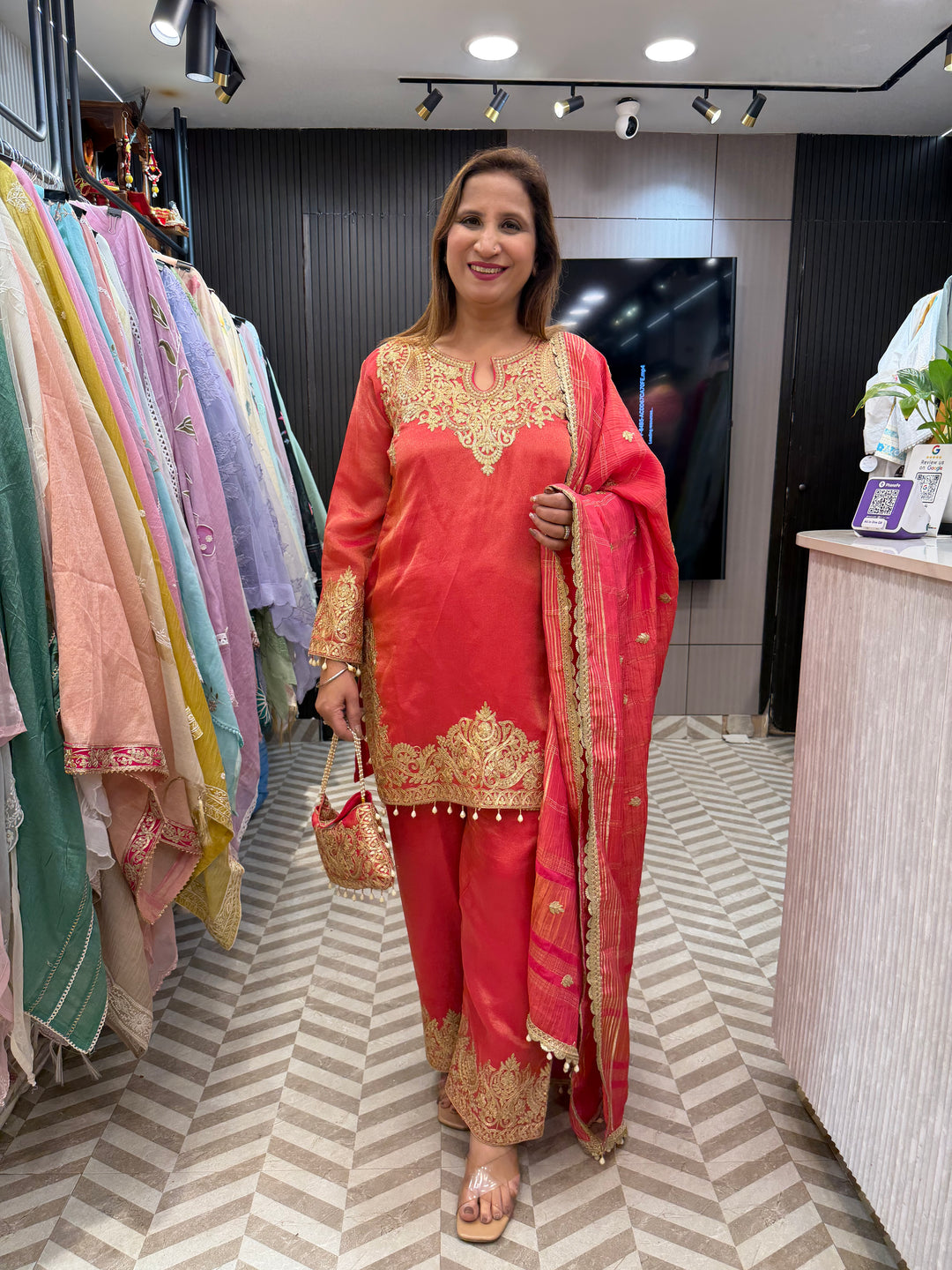 Pink Tissue Embroidered Suit Set with Dori, Sequin &amp; Tassel Detailing