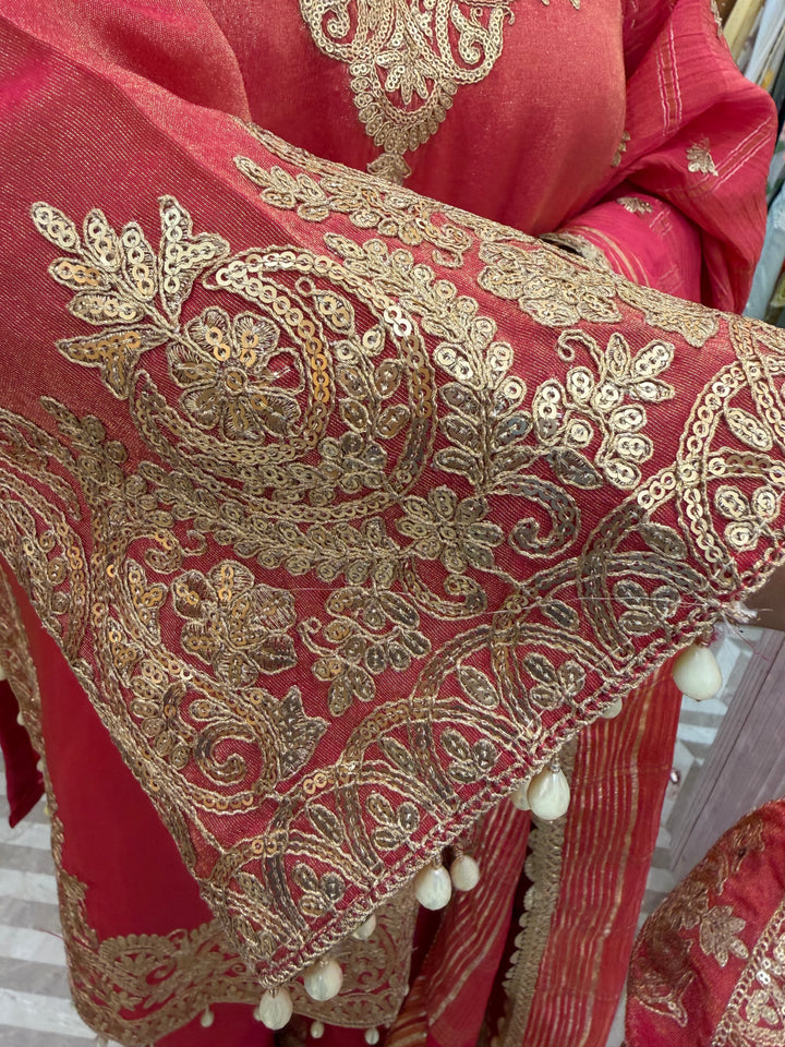 Pink Tissue Embroidered Suit Set with Dori, Sequin &amp; Tassel Detailing
