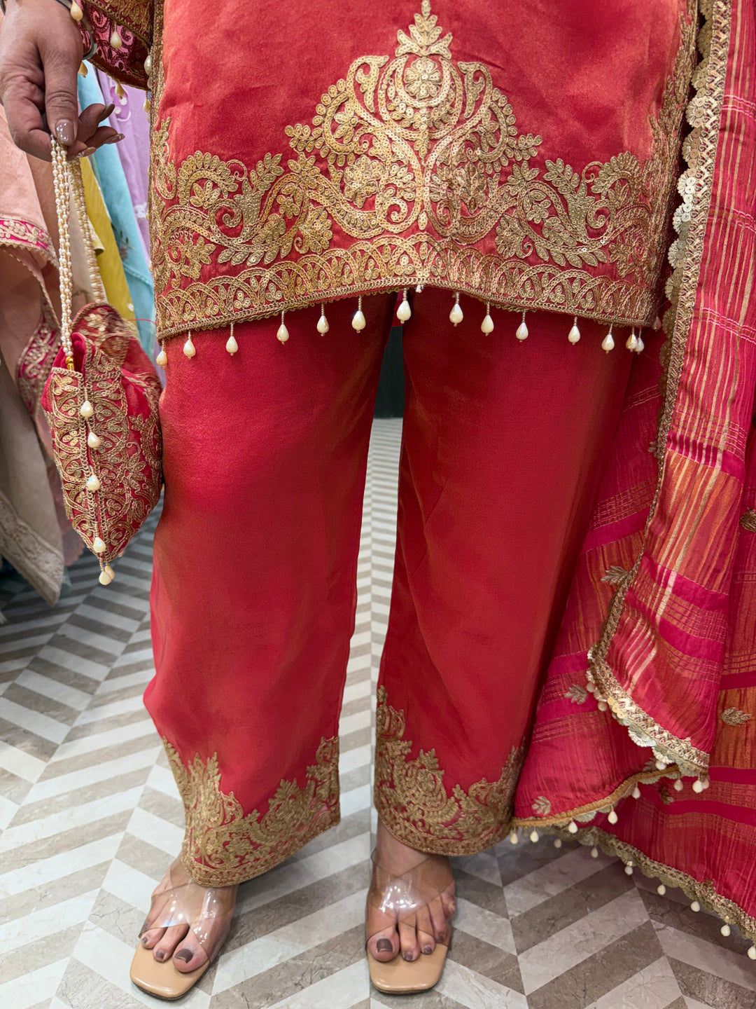 Pink Tissue Embroidered Suit Set with Dori, Sequin &amp; Tassel Detailing