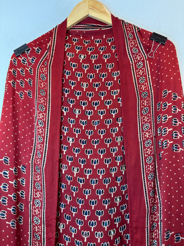 Red Ajrakh Modal Suit Set with Mirror &amp; Lotus Handwork DBPMO02