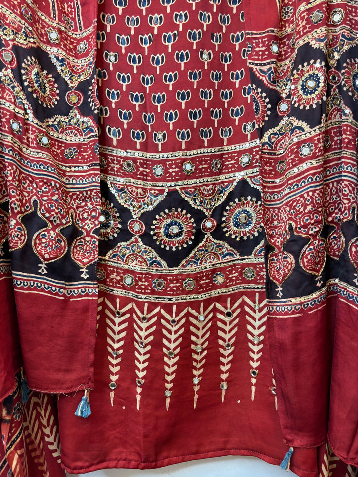 Red Ajrakh Modal Suit Set with Mirror &amp; Lotus Handwork DBPMO02