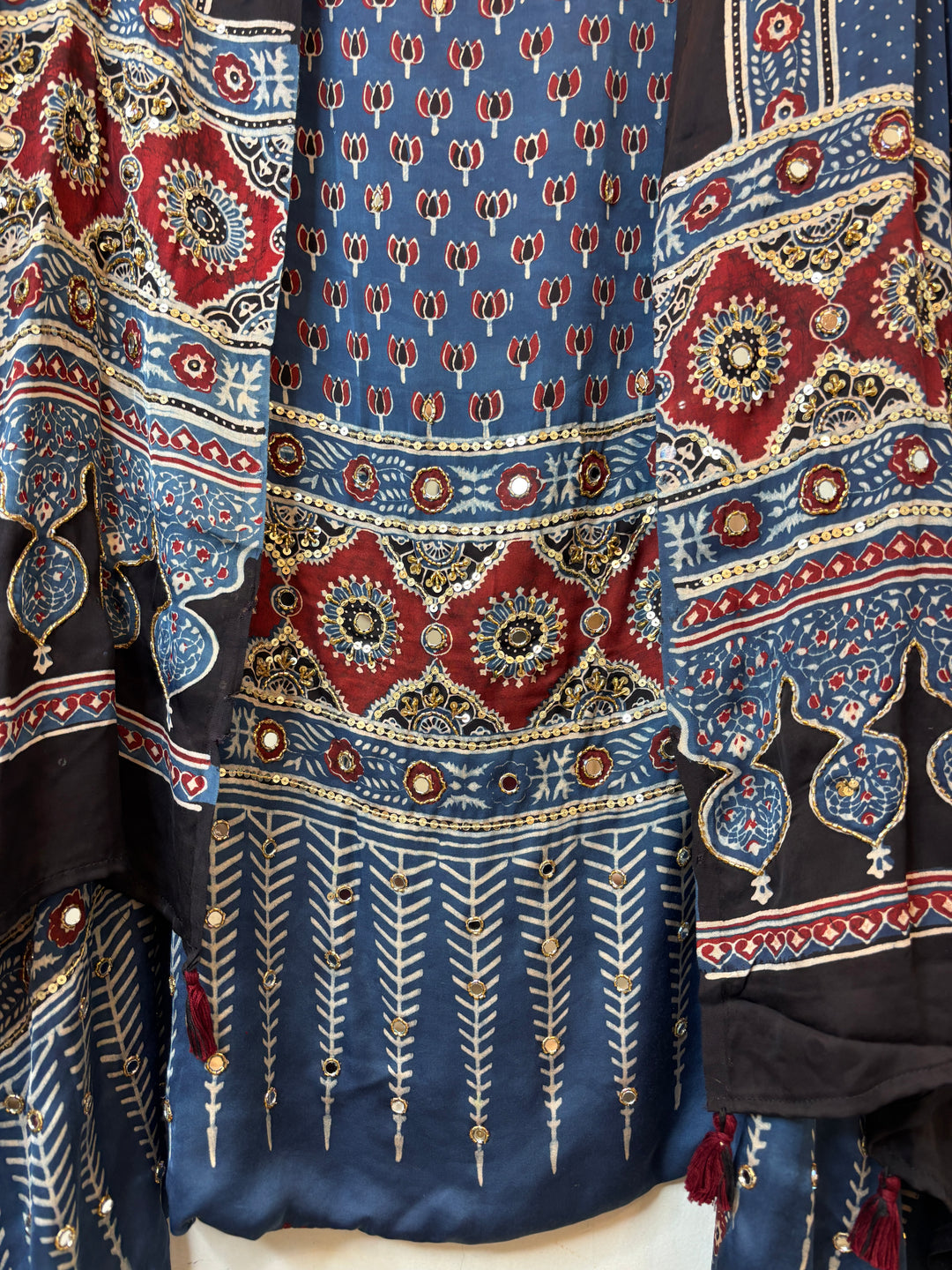Blue Ajrakh Modal Suit Set with Mirror &amp; Lotus Handwork DBPMO01