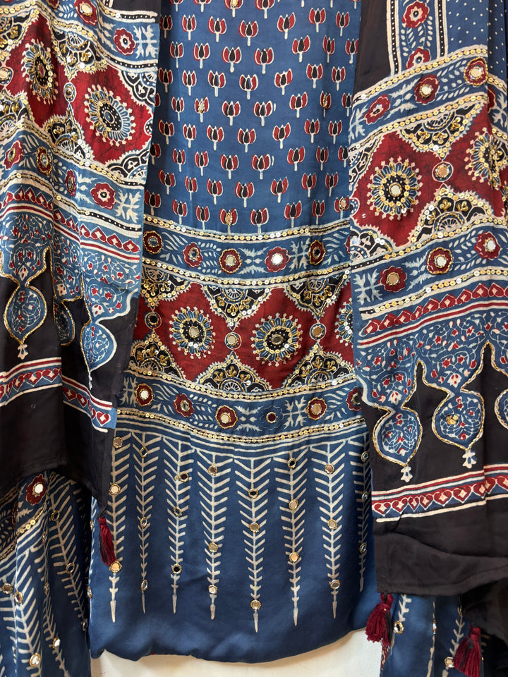 Blue Ajrakh Modal Suit Set with Mirror &amp; Lotus Handwork DBPMO01