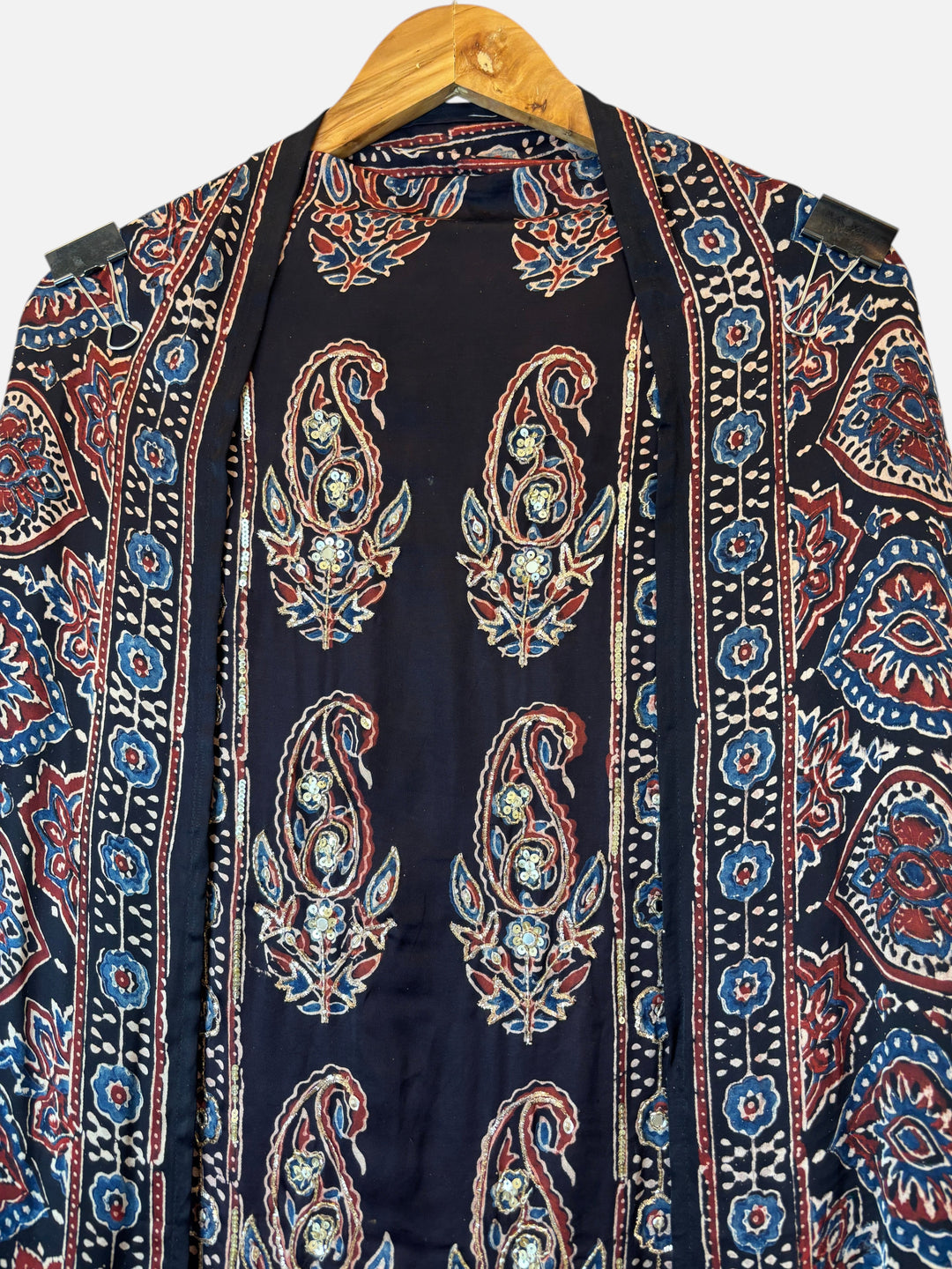 Design by Pakiza black modal silk shirt with traditional Ajrakh hand block print, paisley motifs, and zardozi work.