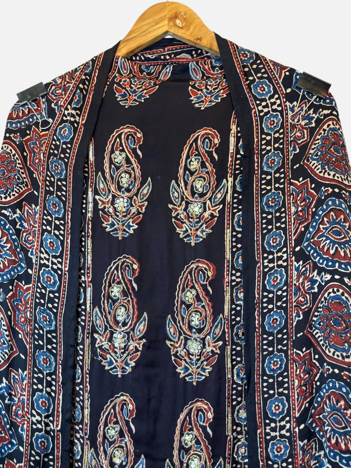 Design by Pakiza black modal silk shirt with traditional Ajrakh hand block print, paisley motifs, and zardozi work.
