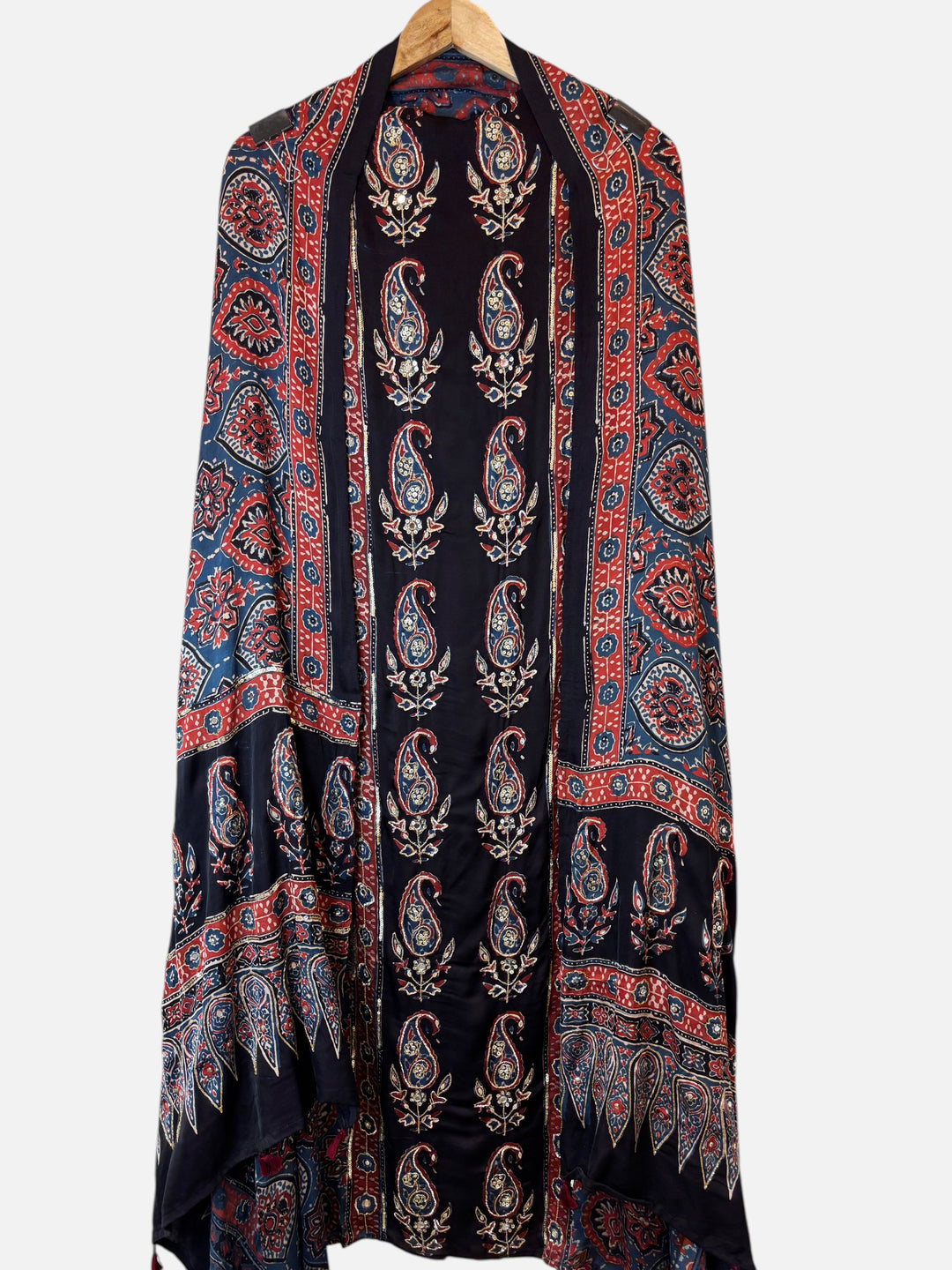 Design by Pakiza blue modal silk dupatta with traditional Ajrakh hand block print, zardozi, and sequin embellishments.