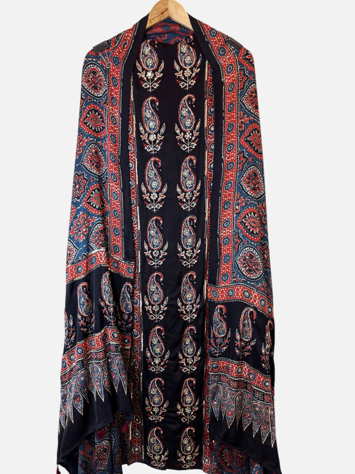 Design by Pakiza blue modal silk dupatta with traditional Ajrakh hand block print, zardozi, and sequin embellishments.