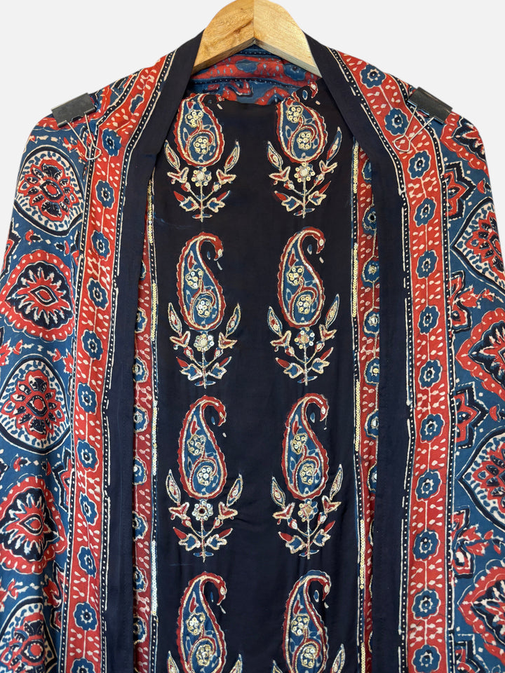 Design by Pakiza blue modal silk shirt with Ajrakh hand block print, paisley motifs, and zardozi handwork embellishment