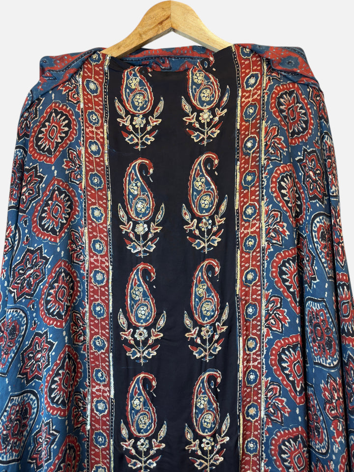 Design by Pakiza blue modal silk shirt with traditional Ajrakh hand block print, paisley motifs, and zardozi work.