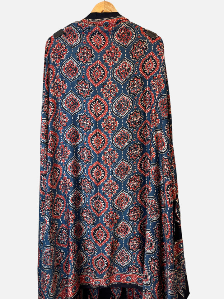 Design by Pakiza blue modal silk dupatta featuring traditional Ajrakh hand block prints and intricate handwork details.