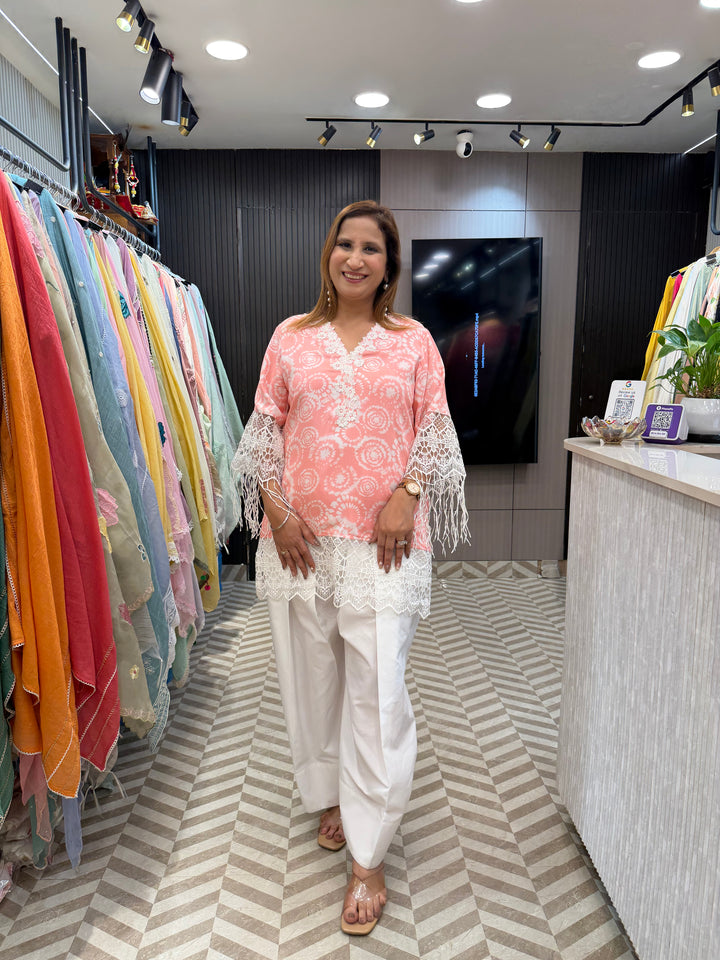 Muslin Printed Stitched Suit Set with Lace Detailing