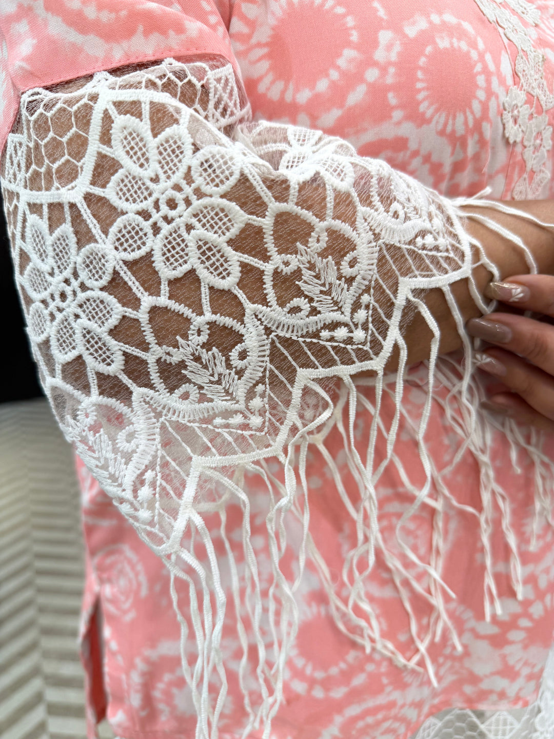 Muslin Printed Stitched Suit Set with Lace Detailing