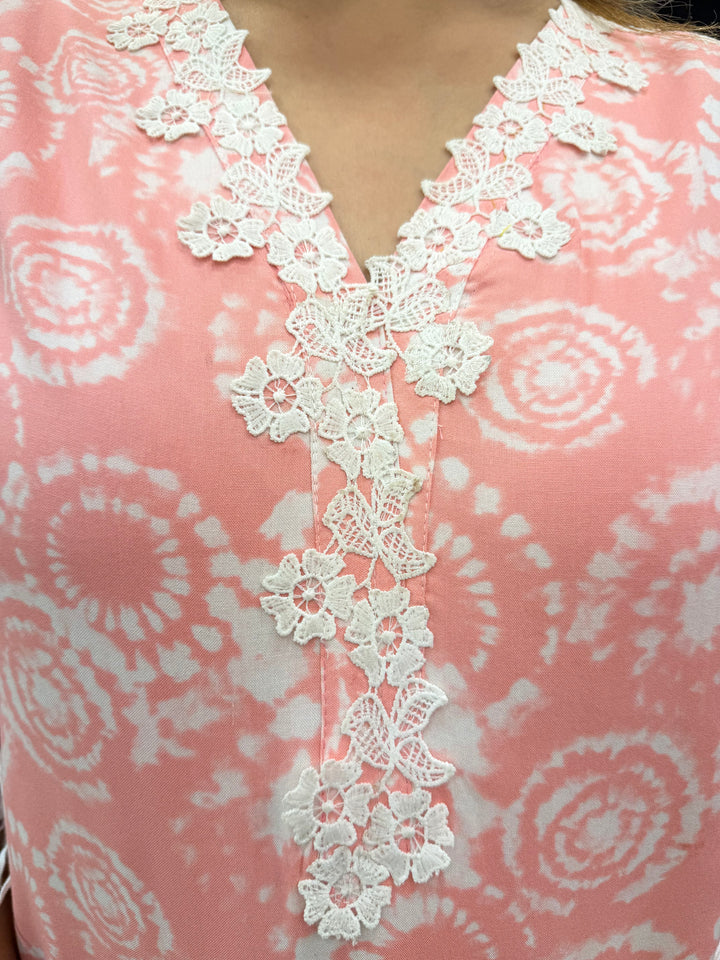 Muslin Printed Stitched Suit Set with Lace Detailing