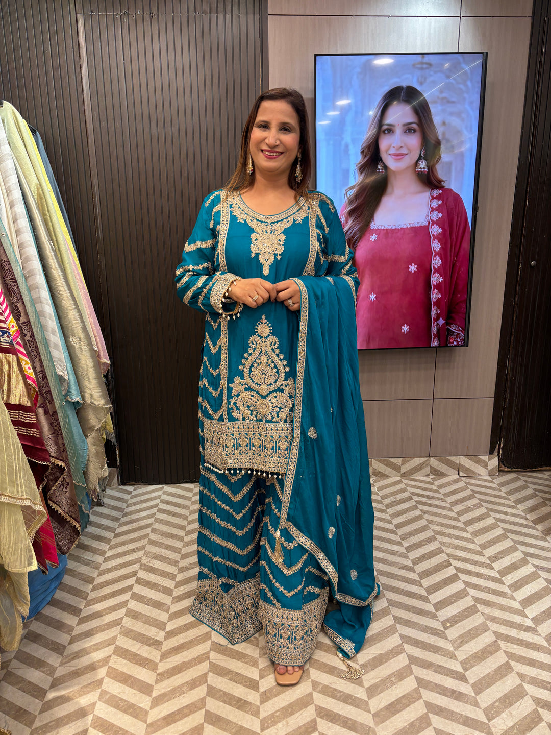 Inaya – Rama Green Chinon Dori &amp; Mirror Sharara Set