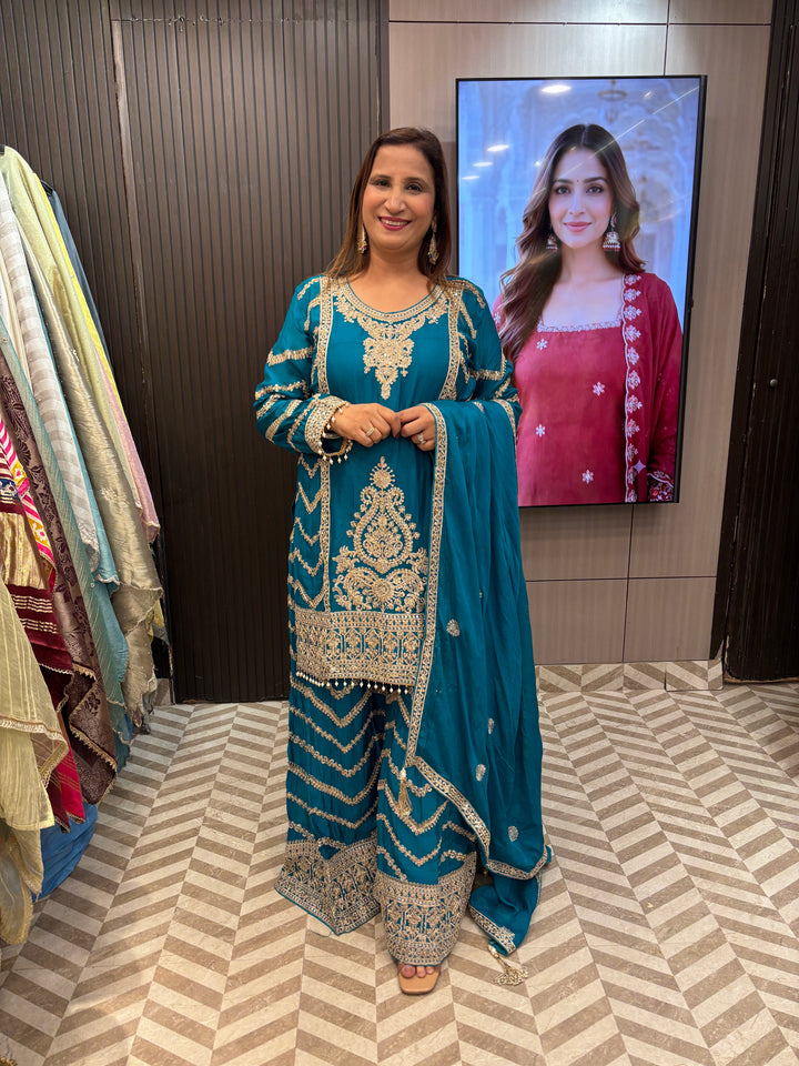 Inaya – Rama Green Chinon Dori &amp; Mirror Sharara Set