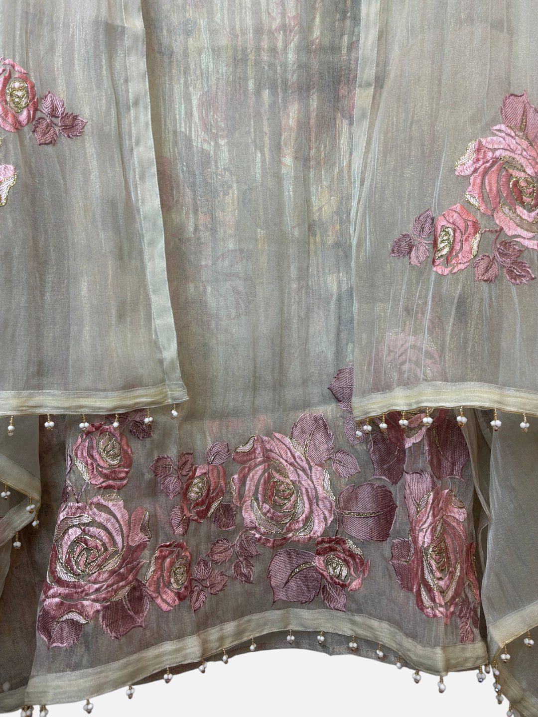 Design by Pakiza crush tissue dupatta featuring pink rose embroidery with intricate zari work and pearl accents