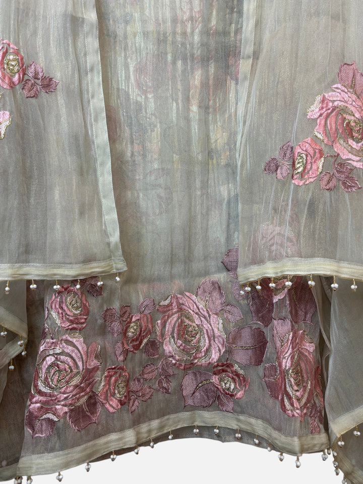 Design by Pakiza crush tissue dupatta featuring pink rose embroidery with intricate zari work and pearl accents