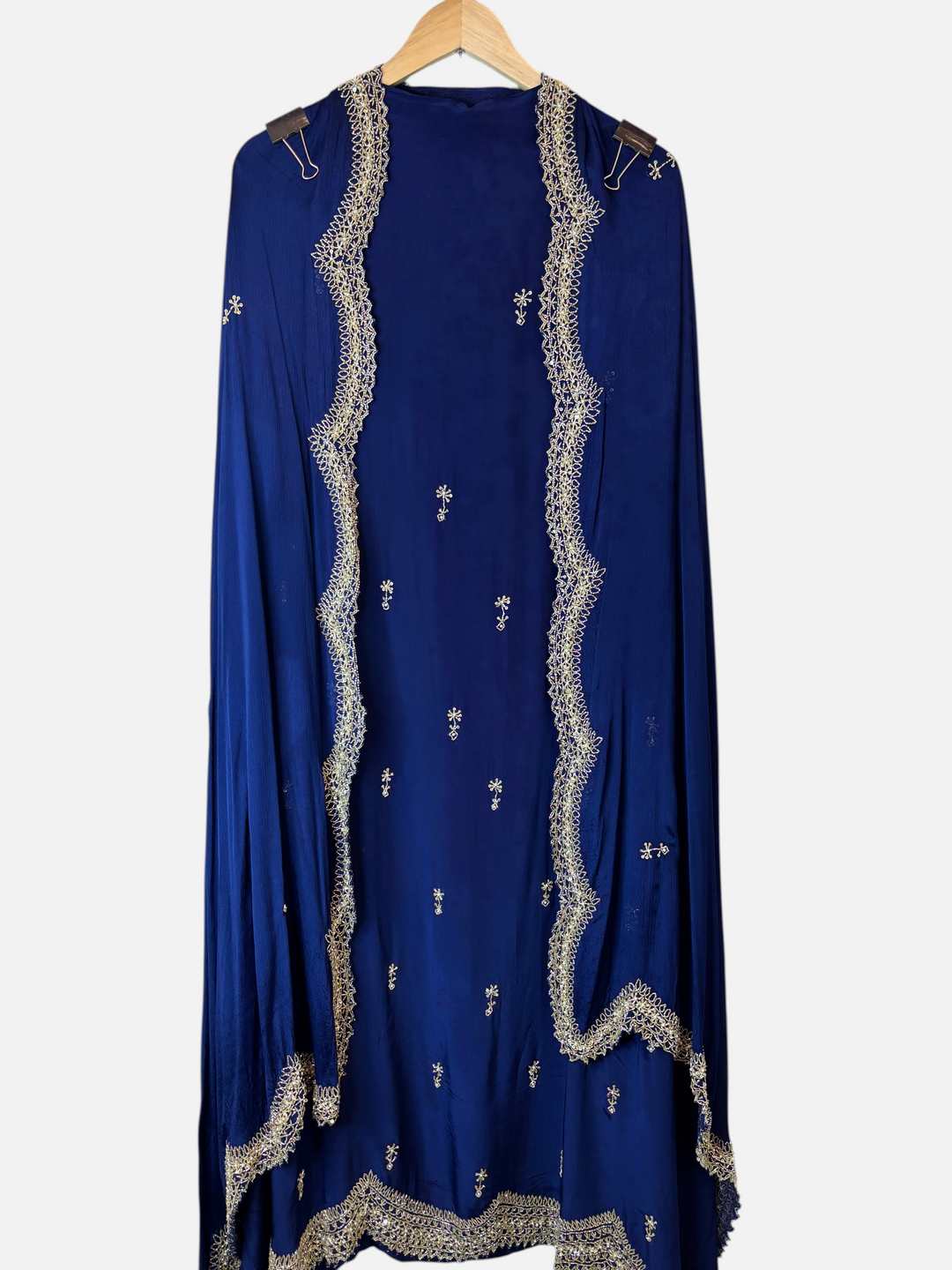 Design by Pakiza royal blue unstitched crepe suit with intricate cutdana, pearl, and sequin embroidery and cutwork border