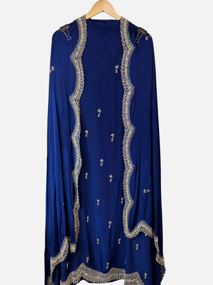 Design by Pakiza royal blue unstitched crepe suit with intricate cutdana, pearl, and sequin embroidery and cutwork border