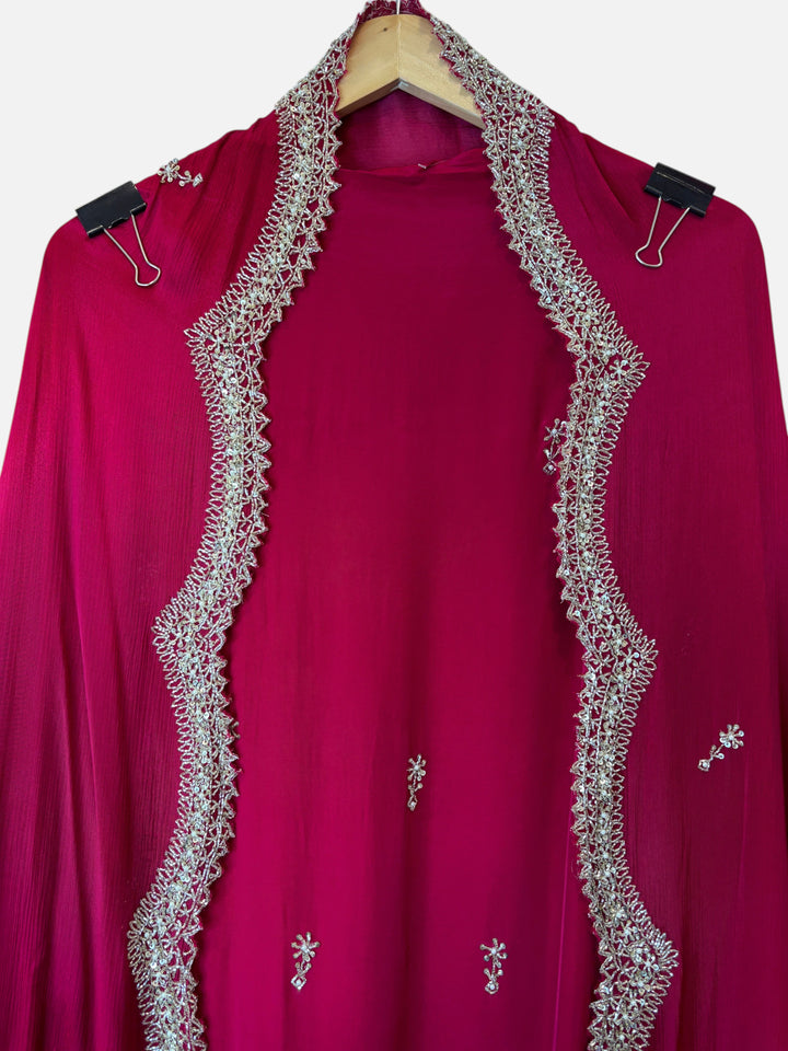 Design by Pakiza magenta pure crepe ensemble with intricate silver cutdana, sequin, and pearl embellishments