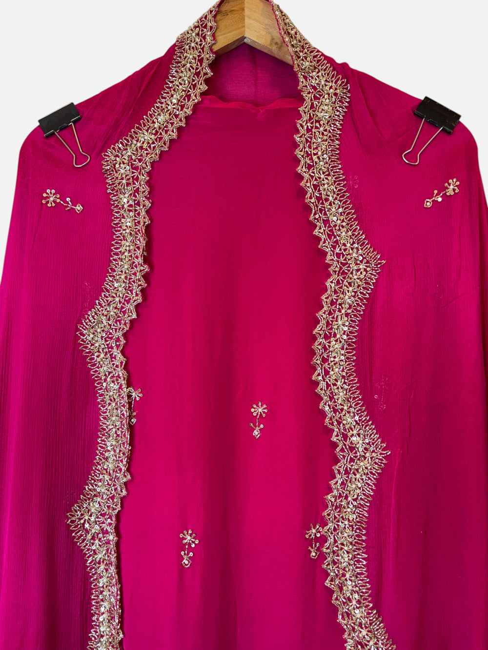 Design by Pakiza fuchsia pink Chinon dupatta with intricate gold cutwork border and sequin pearl embellishments
