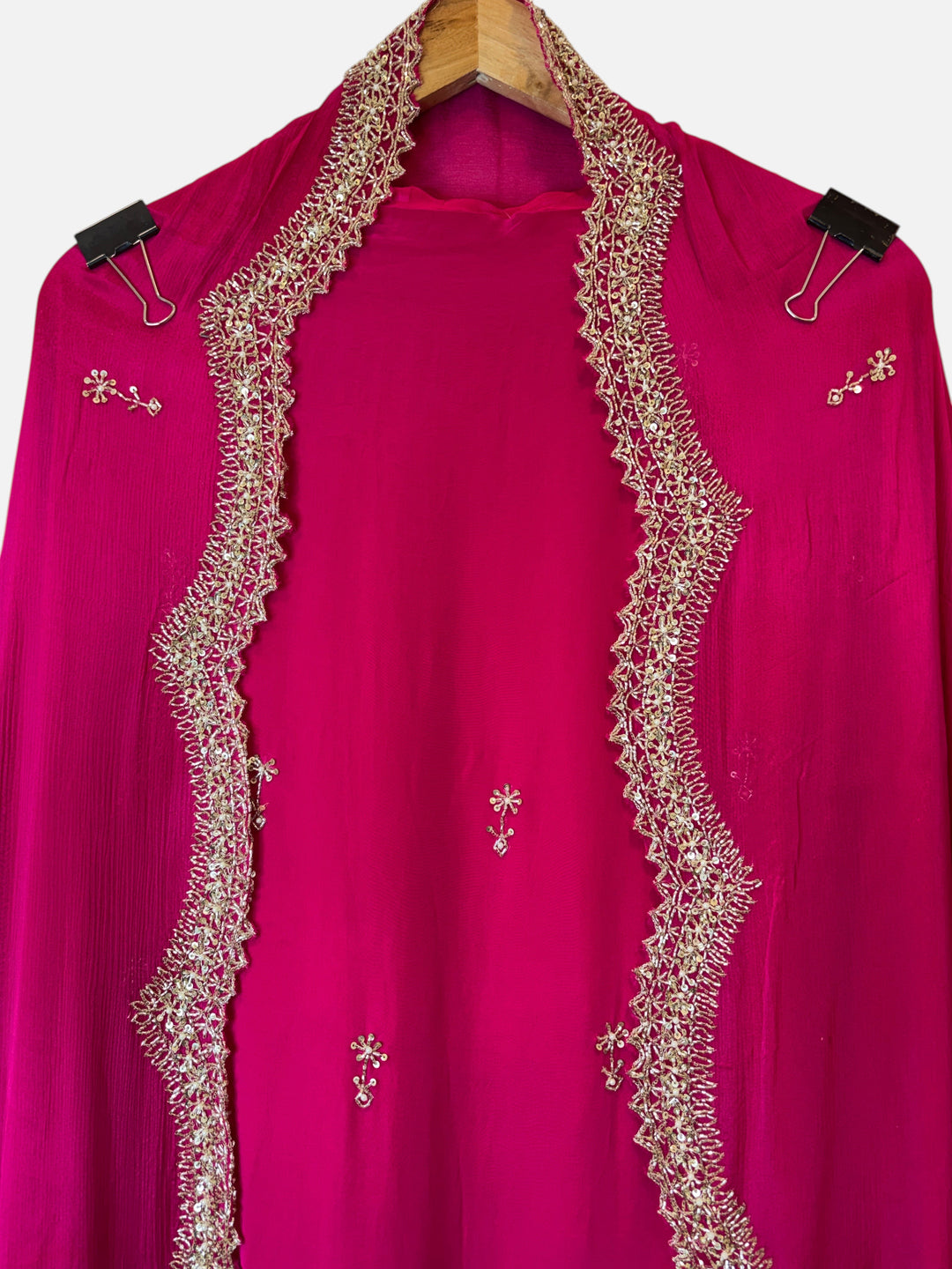 Design by Pakiza fuchsia pink Chinon dupatta with intricate gold cutwork border and sequin pearl embellishments