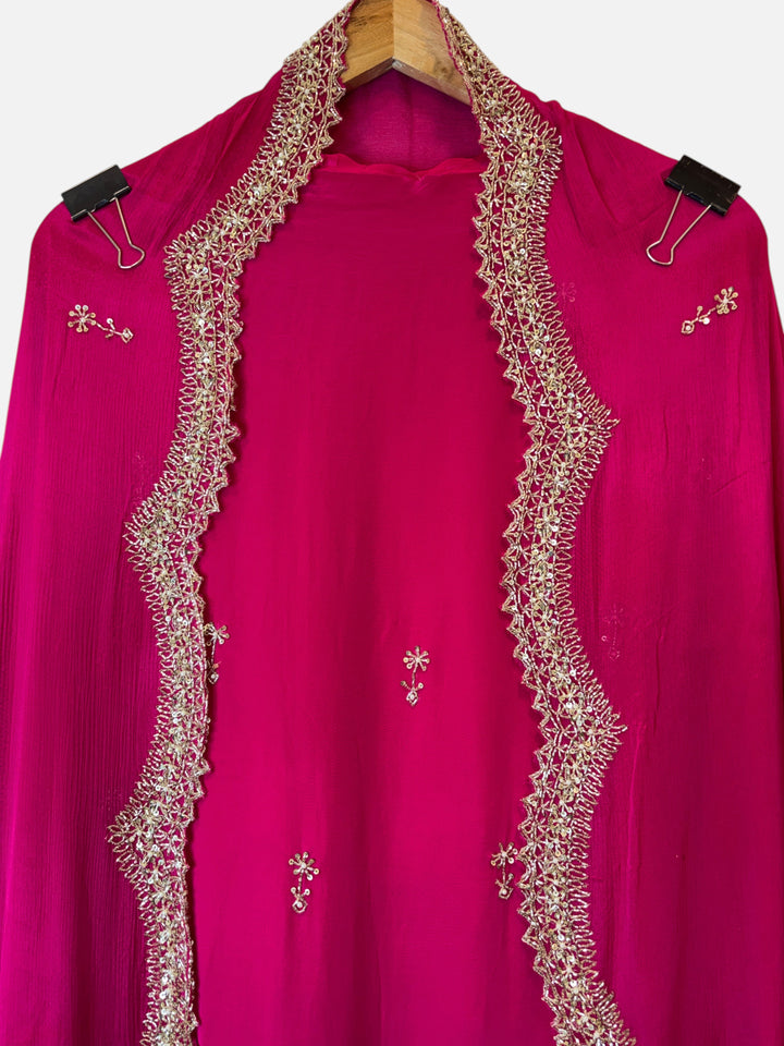 Design by Pakiza fuchsia pink Chinon dupatta with intricate gold cutwork border and sequin pearl embellishments