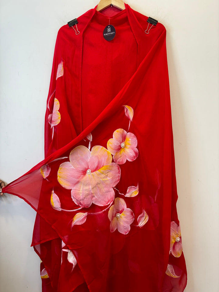 Noorain – Red Handpainted Organza Suit