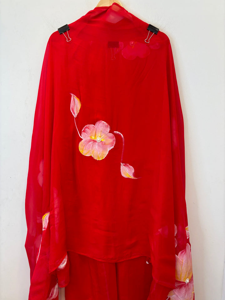 Noorain – Red Handpainted Organza Suit