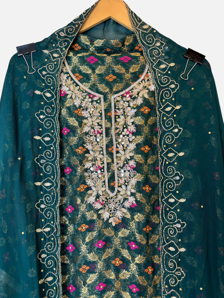 Design by Pakiza green khadi georgette Banarasi shirt with intricate hand-embellished neckline and organza dupatta