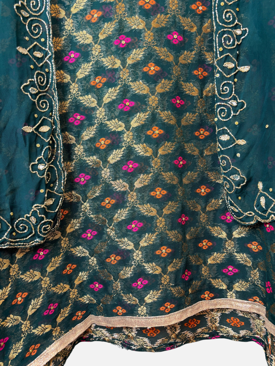 Design by Pakiza green khadi georgette Banarasi shirt with intricate gold embroidery, sequins, and beadwork details.