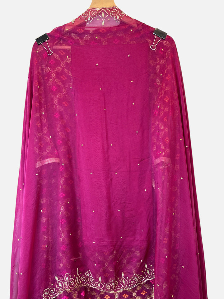 Design by Pakiza wine khadi georgette shirt with Banarasi weaving, intricate beadwork, and embellished neckline