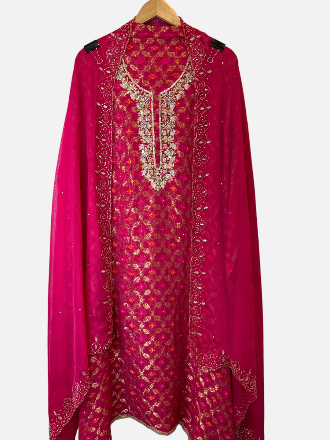 Design by Pakiza pink khadi georgette Banarasi shirt with intricate dabka, sequin, and mirror work, paired with dupatta