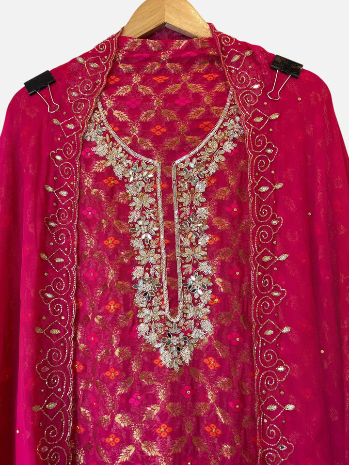 Design by Pakiza pink khadi georgette Banarasi shirt with intricate mirror, sequin, and dabka embellished neckline.