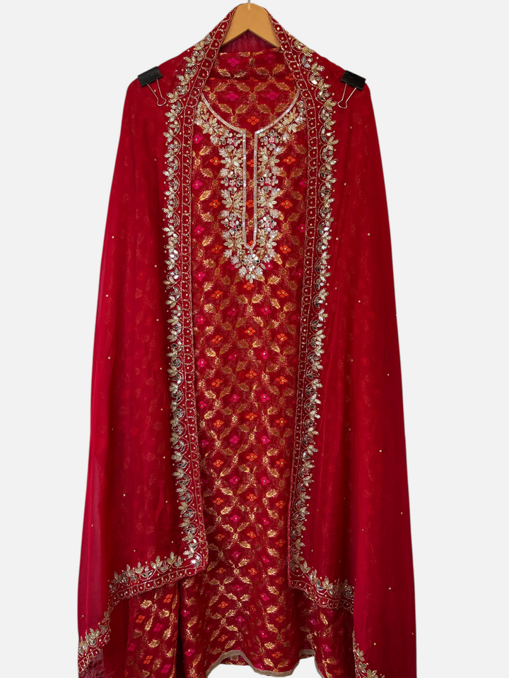 Design by Pakiza red khadi georgette Banarasi shirt with intricate dabka, sequin, and mirror work embellishments